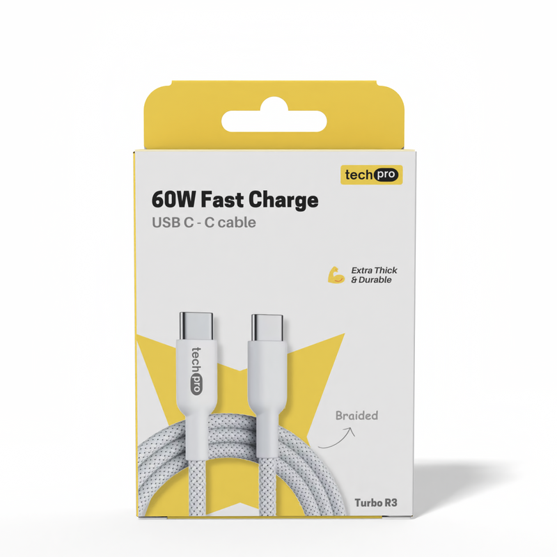 Wholesale Packaged USB C-C cable with 'techpro' branding on a white background