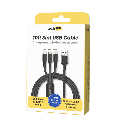 10ft 3in1 Braided usb Cable iP+C+Micro