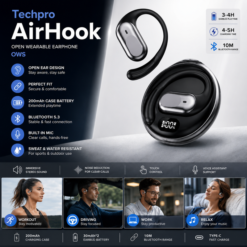 TechPro AirHook Open-Ear Wireless Earphones
