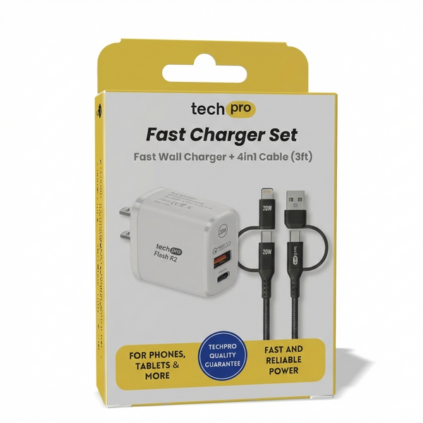 Techpro fast charger set packaging with white charger and black cable on a yellow and white background