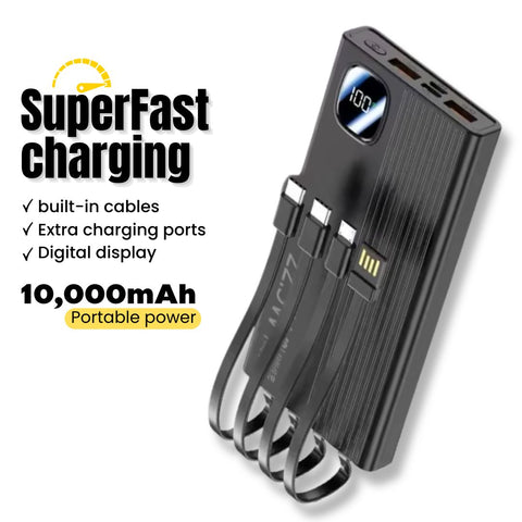 10,000mAh Powerbank with built-in cables Super-fast charging