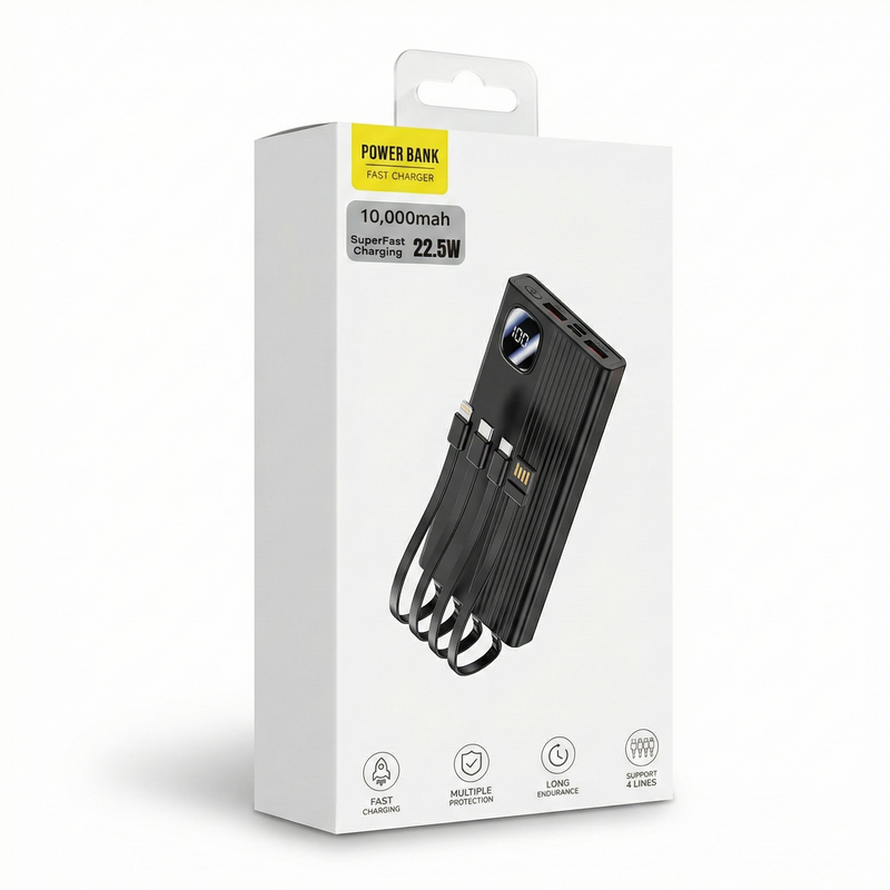 10,000mAh Powerbank with built-in cables Super-fast charging