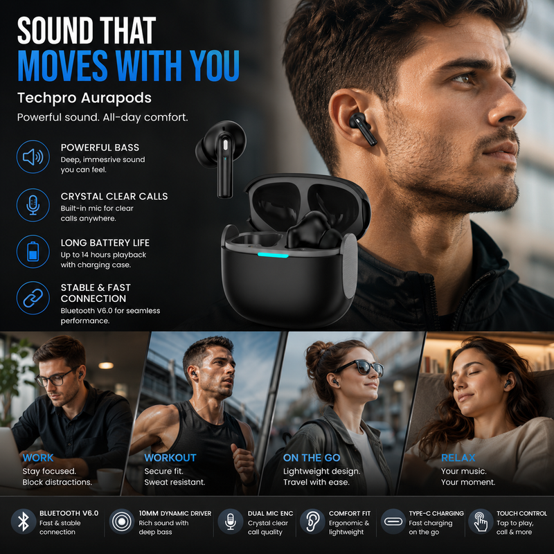 TechPro AuraPods Wireless Bluetooth Earbuds